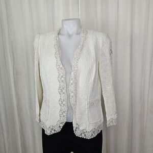 Rickie Freeman Teri Jon White Boucle Open Front Lace Sequin Jacket 10 Romantic